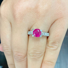 Load image into Gallery viewer, 14k White Gold Ruby And Round Cut Diamonds Antique Deco Design Ring, engagement, anniversary, wedding, prong set, halo, propose 3.25ctw