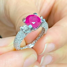 Load image into Gallery viewer, 14k White Gold Ruby And Round Cut Diamonds Antique Deco Design Ring, engagement, anniversary, wedding, prong set, halo, propose 3.25ctw