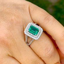 Load image into Gallery viewer, 14k solid white gold simulated green emerald and natural round cut diamonds ring split band, double halo, bridal, engagement, wedding 2.80ct