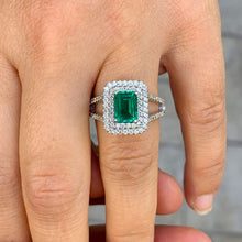 Load image into Gallery viewer, 14k solid white gold simulated green emerald and natural round cut diamonds ring split band, double halo, bridal, engagement, wedding 2.80ct