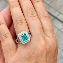 Load image into Gallery viewer, 14k solid white gold simulated green emerald and natural round cut diamonds ring split band, double halo, bridal, engagement, wedding 2.80ct