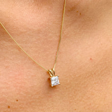 Load image into Gallery viewer, Lady's delicate 14k solid yellow gold 1.00ct princess cut forever one moissanite prong set solitaire necklace and chain