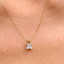 Load image into Gallery viewer, Lady's delicate 14k solid yellow gold 1.00ct princess cut forever one moissanite prong set solitaire necklace and chain