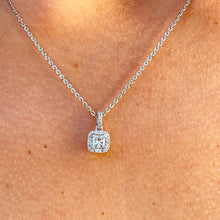 Load image into Gallery viewer, 14k white gold forever one princess and natural round cut diamond and sapphire pendent and chain bridal wedding anniversary gift 1.00ctw