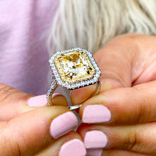 Load image into Gallery viewer, Huge Women's 14k solid white and yellow gold Light Fancy Yellow Radiant simulated and round cut natural diamond engagement ring Halo 6.00ct