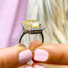 Load image into Gallery viewer, Huge Women's 14k solid white and yellow gold Light Fancy Yellow Radiant simulated and round cut natural diamond engagement ring Halo 6.00ct