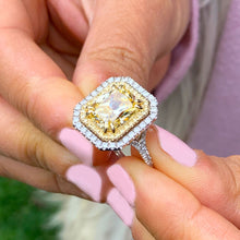 Load image into Gallery viewer, Huge Women's 14k solid white and yellow gold Light Fancy Yellow Radiant simulated and round cut natural diamond engagement ring Halo 6.00ct