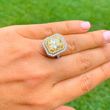 Load image into Gallery viewer, Huge Women's 14k solid white and yellow gold Light Fancy Yellow Radiant simulated and round cut natural diamond engagement ring Halo 6.00ct