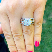Load image into Gallery viewer, STUNNING 6.50CT Women's 14k solid white and rose gold cushion cut moissanite and natural round cut diamond engagement ring