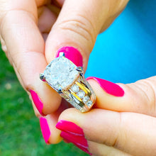Load image into Gallery viewer, STUNNING 6.50CT Women's 14k solid white and rose gold cushion cut moissanite and natural round cut diamond engagement ring