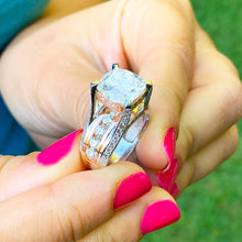 Load image into Gallery viewer, STUNNING 6.50CT Women's 14k solid white and rose gold cushion cut moissanite and natural round cut diamond engagement ring