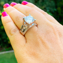 Load image into Gallery viewer, STUNNING 6.50CT Women's 14k solid white and rose gold cushion cut moissanite and natural round cut diamond engagement ring