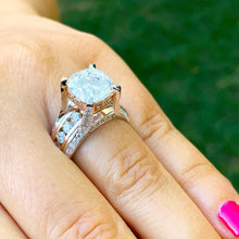 Load image into Gallery viewer, STUNNING 6.50CT Women's 14k solid white and rose gold cushion cut moissanite and natural round cut diamond engagement ring