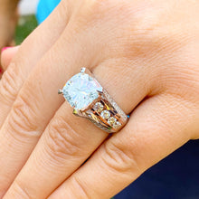 Load image into Gallery viewer, STUNNING 6.50CT Women's 14k solid white and rose gold cushion cut moissanite and natural round cut diamond engagement ring