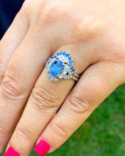 Load image into Gallery viewer, 14k solid white gold oval cut natural sapphire and natural diamonds engagement ring and band set Wedding, Anniversary Bridal, Halo, 2.50ctw