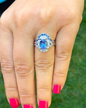 Load image into Gallery viewer, 14k solid white gold oval cut natural sapphire and natural diamonds engagement ring and band set Wedding, Anniversary Bridal, Halo, 2.50ctw