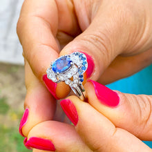 Load image into Gallery viewer, 14k solid white gold oval cut natural sapphire and natural diamonds engagement ring and band set Wedding, Anniversary Bridal, Halo, 2.50ctw