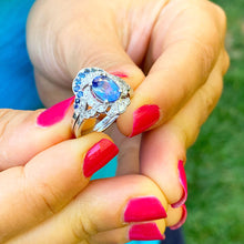 Load image into Gallery viewer, 14k solid white gold oval cut natural sapphire and natural diamonds engagement ring and band set Wedding, Anniversary Bridal, Halo, 2.50ctw