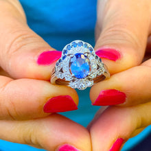 Load image into Gallery viewer, 14k solid white gold oval cut natural sapphire and natural diamonds engagement ring and band set Wedding, Anniversary Bridal, Halo, 2.50ctw