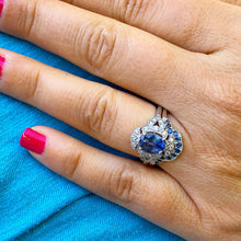 Load image into Gallery viewer, 14k solid white gold oval cut natural sapphire and natural diamonds engagement ring and band set Wedding, Anniversary Bridal, Halo, 2.50ctw