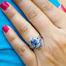 Load image into Gallery viewer, 14k solid white gold oval cut natural sapphire and natural diamonds engagement ring and band set Wedding, Anniversary Bridal, Halo, 2.50ctw