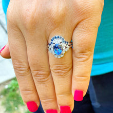 Load image into Gallery viewer, 14k solid white gold oval cut natural sapphire and natural diamonds engagement ring and band set Wedding, Anniversary Bridal, Halo, 2.50ctw