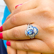 Load image into Gallery viewer, 14k solid white gold oval cut natural sapphire and natural diamonds engagement ring and band set Wedding, Anniversary Bridal, Halo, 2.50ctw