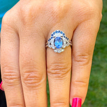 Load image into Gallery viewer, 14k solid white gold oval cut natural sapphire and natural diamonds engagement ring and band set Wedding, Anniversary Bridal, Halo, 2.50ctw