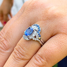 Load image into Gallery viewer, 14k solid white gold oval cut natural sapphire and natural diamonds engagement ring and band set Wedding, Anniversary Bridal, Halo, 2.50ctw