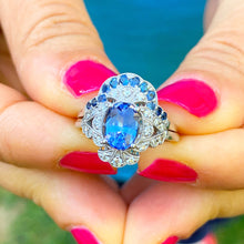 Load image into Gallery viewer, 14k solid white gold oval cut natural sapphire and natural diamonds engagement ring and band set Wedding, Anniversary Bridal, Halo, 2.50ctw