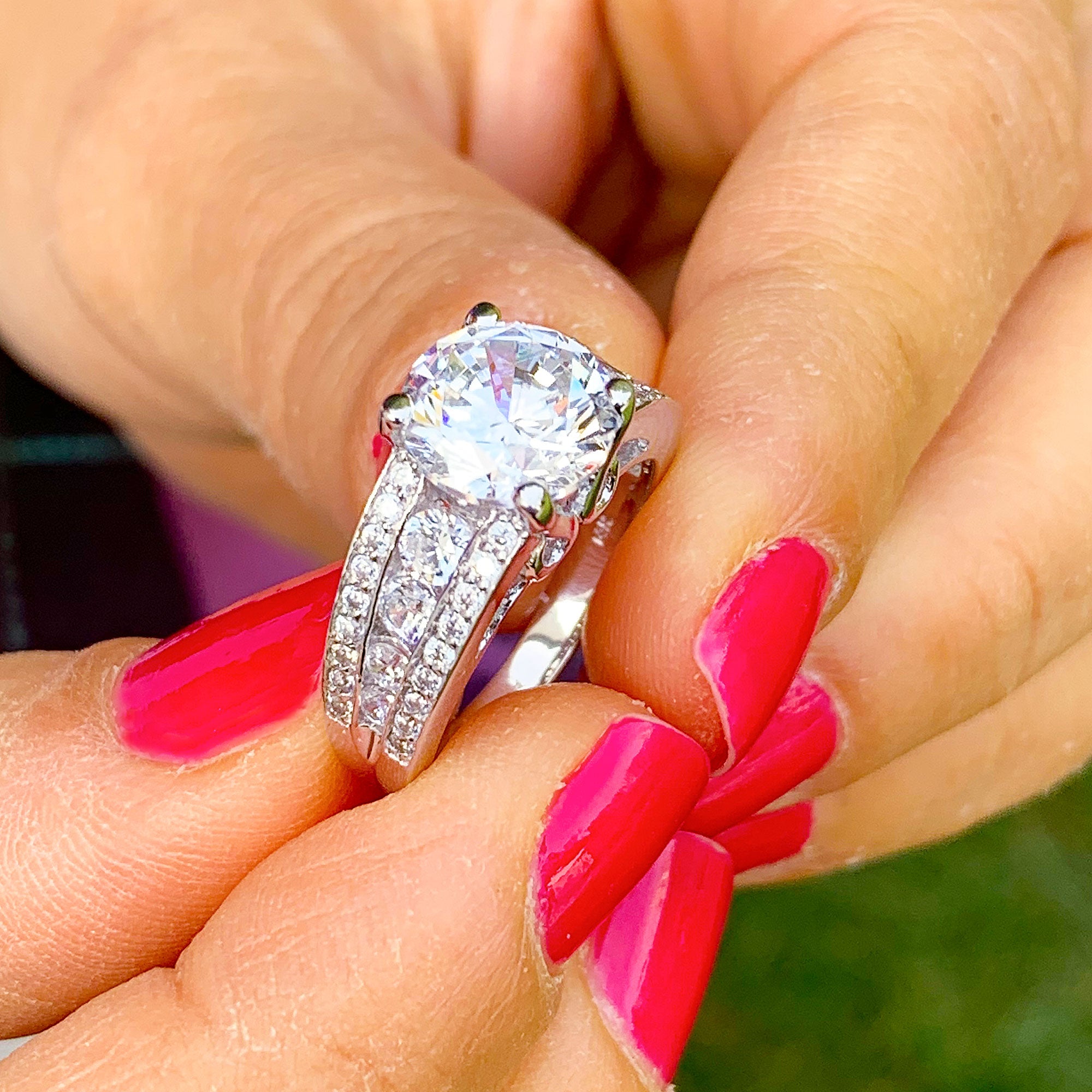 BIG 14k white gold round cut forever one moissanite and diamond engagement ring Wedding, Anniversary Bridal Set, Natural Diamonds