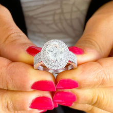 Load image into Gallery viewer, BIG 14k Solid White Gold Oval Cut Forever One Moissanite and Natural Diamond Engagement Ring Double Halo Triple Shank, Bridal, 2.65ctw