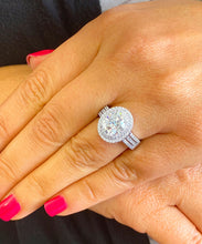 Load image into Gallery viewer, BIG 14k Solid White Gold Oval Cut Moissanite and Natural Diamond Engagement Ring Double Halo Triple Shank, Bridal, 2.65ctw