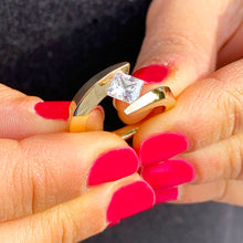 Load image into Gallery viewer, Stunning 14k yellow gold Princess cut moissanite engagement ring Tension Set Wedding, Anniversary, Bridal 1.00ctw