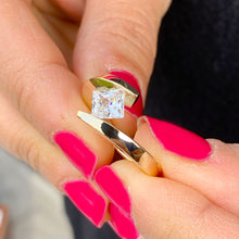 Load image into Gallery viewer, Stunning 14k yellow gold Forever One Princess cut moissanite engagement ring Tension Set Wedding, Anniversary, Bridal 1.00ctw
