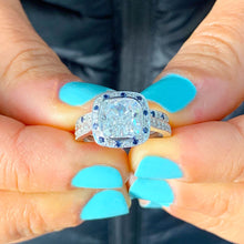 Load image into Gallery viewer, GIA/IGI Certified 14k Solid White Gold Cushion Cut Diamond And Sapphires Engagement Ring And Band Halo Wedding 3.00ctw F-VS2