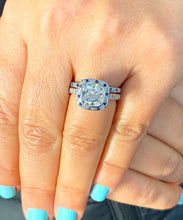 Load image into Gallery viewer, GIA/IGI Certified 14k Solid White Gold Cushion Cut Diamond And Sapphires Engagement Ring And Band Halo Wedding 3.00ctw F-VS2
