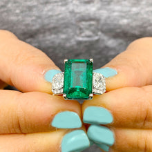 Load image into Gallery viewer, HUGE 14k solid white gold natural green emerald and natural round and cushion cut diamonds ring, bridal, engagement, wedding 6.50ct