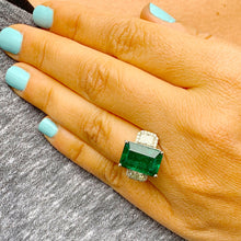 Load image into Gallery viewer, HUGE 14k solid white gold natural green emerald and natural round and cushion cut diamonds ring, bridal, engagement, wedding 6.50ct
