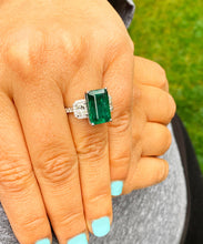 Load image into Gallery viewer, HUGE 14k solid white gold natural green emerald and natural round and cushion cut diamonds ring, bridal, engagement, wedding 6.50ct