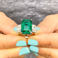 Load image into Gallery viewer, HUGE 14k solid white gold natural green emerald and natural round and cushion cut diamonds ring, bridal, engagement, wedding 6.50ct