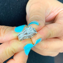 Load image into Gallery viewer, 14k solid white gold 1.25 Carat princess cut diamond engagement ring and two bands natural diamonds bridal wedding set halo round cut sides