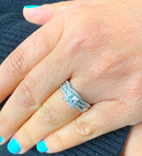 Load image into Gallery viewer, 14k solid white gold 1.25 Carat princess cut diamond engagement ring and two bands natural diamonds bridal wedding set halo round cut sides