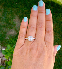 Load image into Gallery viewer, 14k solid white gold emerald cut forever one moissanite and natural round cut diamond engagement ring deco halo bridal propose 2.90ctw