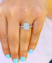 Load image into Gallery viewer, 14k solid white gold emerald cut moissanite and round cut diamond engagement ring deco halo bridal propose 2.90ctw