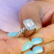 Load image into Gallery viewer, 14k solid white gold emerald cut forever one moissanite and natural round cut diamond engagement ring deco halo bridal propose 2.90ctw