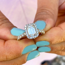 Load image into Gallery viewer, 14k solid white gold emerald cut moissanite and round cut diamond engagement ring deco halo bridal propose 2.90ctw