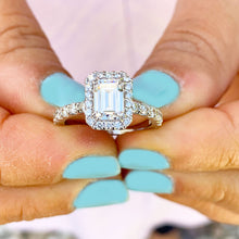 Load image into Gallery viewer, 14k solid white gold emerald cut forever one moissanite and natural round cut diamond engagement ring deco halo bridal propose 2.90ctw