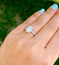 Load image into Gallery viewer, 14k solid white gold emerald cut forever one moissanite and natural round cut diamond engagement ring deco halo bridal propose 2.90ctw
