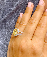 Load image into Gallery viewer, Huge Women's 14k solid white gold Fancy Yellow Cushion simulated and round cut natural diamond engagement ring Halo 4.70ct